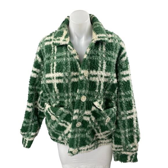 Zara Women's Green Plaid Checkered Shearling Sherpa Fleece Button Coat Jacket M - Picture 1 of 4